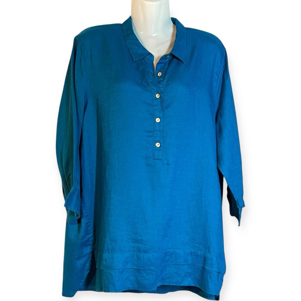 J Jill Love Linen Tunic Top Women Med Sea Blue 1/2 Button Down Breathable Resort